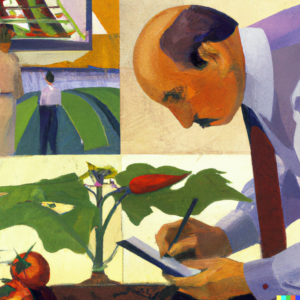 A bold, cubist-style painting showing a gardener carefully checking the growth and health of tomato, pepper, and eggplant seedlings, with a calendar in the background to track their progress.