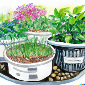 A container garden thriving with organic fertilizers, highlighting the use of sustainable and eco-friendly practices.