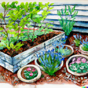A container garden transitioning from early spring to summer, illustrating ongoing gardening success.