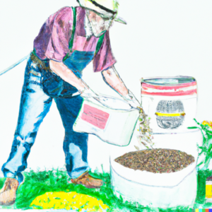 A gardener carefully measuring and applying the appropriate amount of bulk fertilizer, demonstrating efficient use and minimizing waste to maximize the return on investment.
