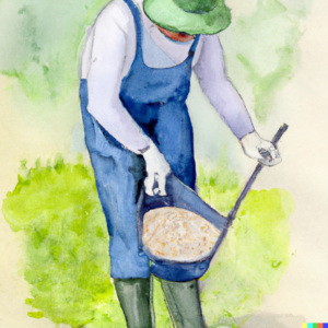 A gardener using a handheld spreader to evenly apply granular bulk fertilizer in their home garden.