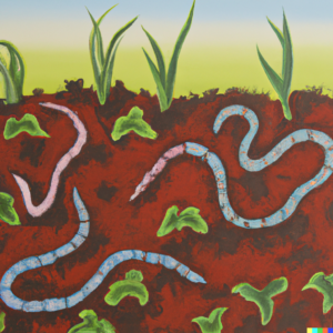 A gouache painting of earthworms in rich, healthy soil, with a few weeds growing nearby.