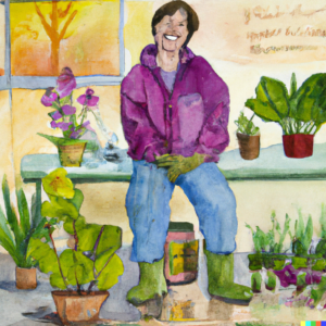 A happy gardener admiring their early spring container garden, reflecting on achievements and enjoying the fruits of their labor.