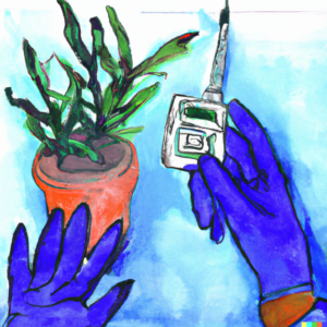 A home gardener checking soil temperature and observing new plant growth, preparing to apply bulk fertilizer at the optimal time.