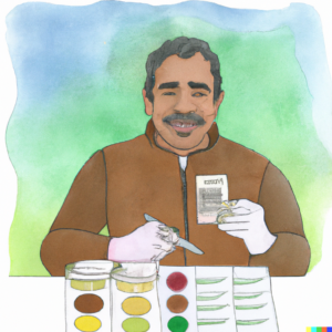 A home gardener examining soil test results, using the information to choose the best bulk fertilizer for their specific garden conditions