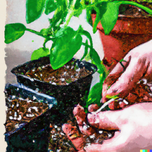 A pointillism painting of a home gardener gently transplanting tomato, pepper, and eggplant seedlings into larger pots, with a focus on the delicate root systems.