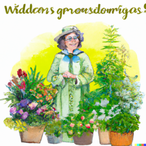 A knowledgeable gardener surrounded by a flourishing container garden, sharing expert tips and resources.