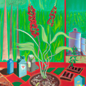 A mixed-media painting that combines elements from the previous images, showcasing a garden with both organic and synthetic fertilizers being used.