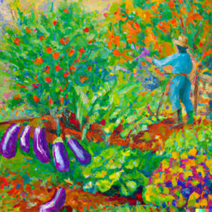 A vibrant, fauvist-style painting of a flourishing garden filled with ripe tomatoes, peppers, and eggplants, with a gardener watering, pruning, and tending to the plants.