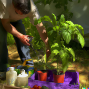 A realistic oil painting of a gardener hardening off tomato, pepper, and eggplant seedlings, placing them in a sheltered outdoor area with dappled sunlight.