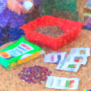 An impressionist-style painting of a gardener sowing seeds in seed trays, with packets of tomato, pepper, and eggplant seeds scattered around.