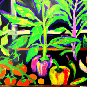 A colorful, expressionist painting depicting a variety of seedlings, including tomatoes, peppers, and eggplants, growing under an indoor grow light.