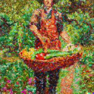 A pointillism painting of a gardener holding a basket of freshly harvested vegetables, with a flourishing garden in the background.
