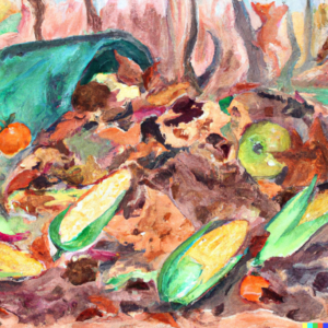 A watercolor painting depicting a compost pile with decomposing leaves, fruits, and vegetables.