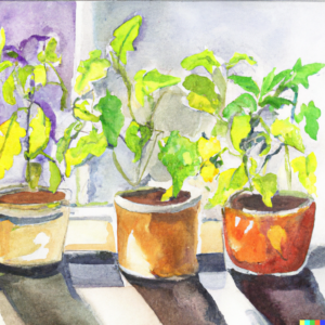 A watercolor painting of a bright, sunlit windowsill with various tomato, pepper, and eggplant seedlings sprouting in small pots.