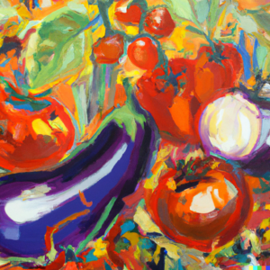 An abstract expressionist painting that captures the joy of harvesting and sharing homegrown tomatoes, peppers, and eggplants, with bright colors representing the flavors and emotions associated with gardening success.