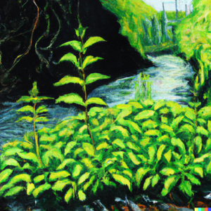 An acrylic painting showing lush, green plants growing quickly, but with a polluted stream in the background.