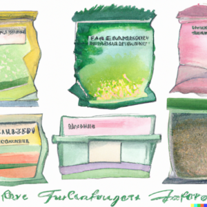 An assortment of fertilizer bags and containers, representing the variety of choices available for early spring container gardening.