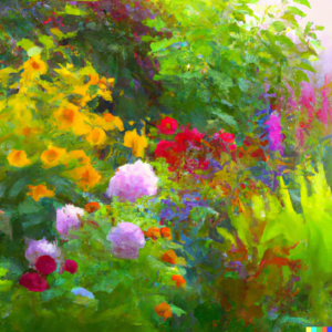 An impressionist painting of a vibrant, thriving garden with a variety of plants and flowers.