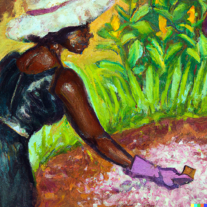 An oil painting illustrating a gardener applying granular synthetic fertilizer to a flower bed.