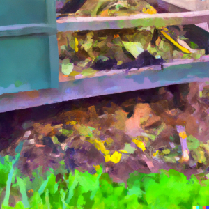 Image of a compost bin or pile with various materials such as leaves, grass clippings, and vegetable scraps.