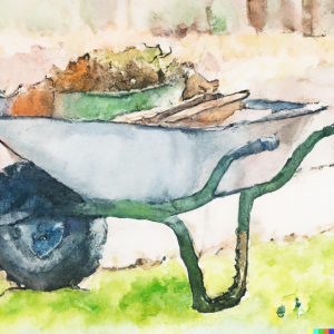 Image of a wheelbarrow full of compost or organic matter being added to garden beds.
