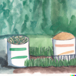 Image of two types of fertilizer, one synthetic and one organic, next to a garden bed.